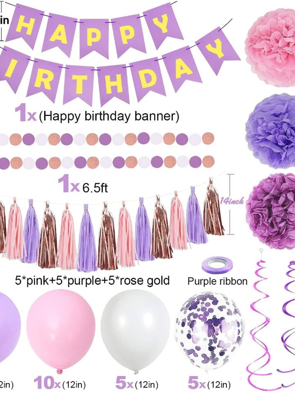 Purple Pink Birthday Party Decorations for Women Girls with Happy Birthday Banne - Picture 2 of 6